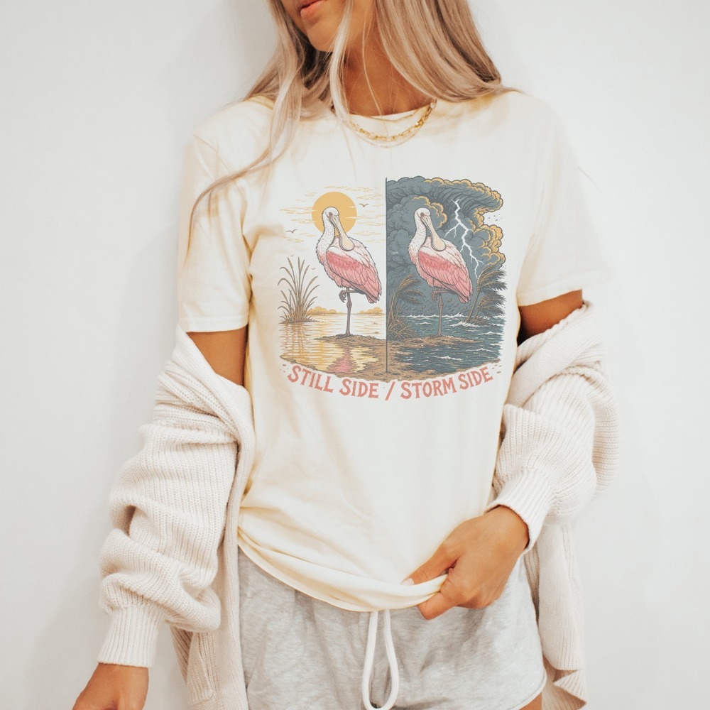 Spoonbill Storm Marsh Bird Art Vintage Style Tee